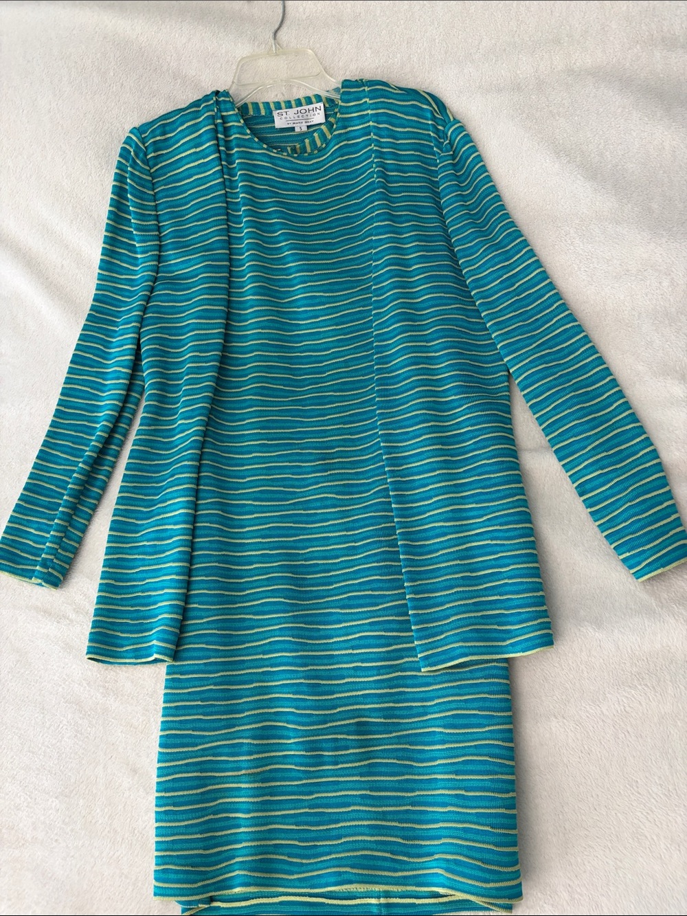 St. John Teal and Aqua Striped Knit Dress with Matching Jacket
